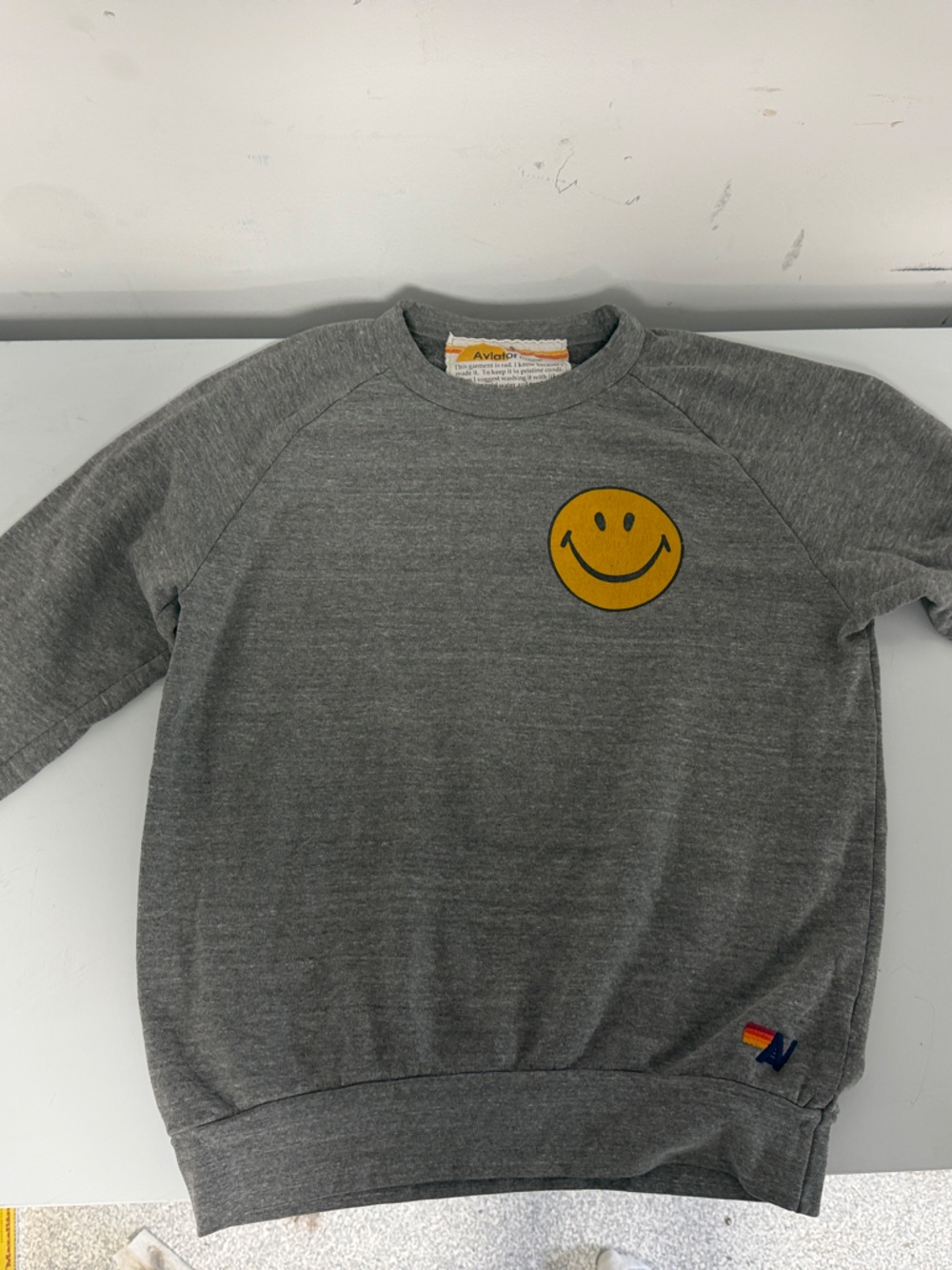 Aviator Nation Gray Crewneck Sweatshirt with Yellow Smiley Face size small
